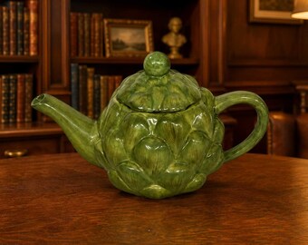 Teleflora Vintage Green Artichoke Teapot with Lid, Glazed Philippines Ceramic Collectible