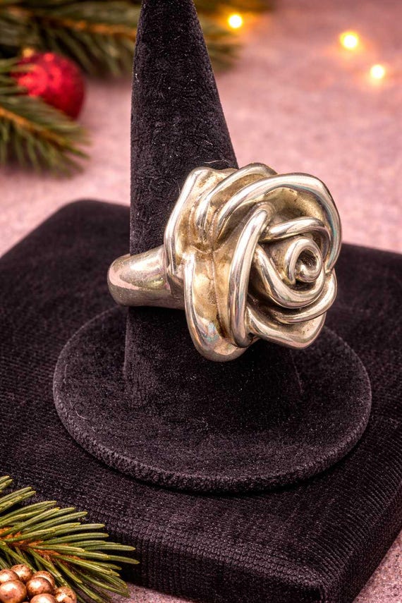 Silver Tone Rose Statement Ring - image 1