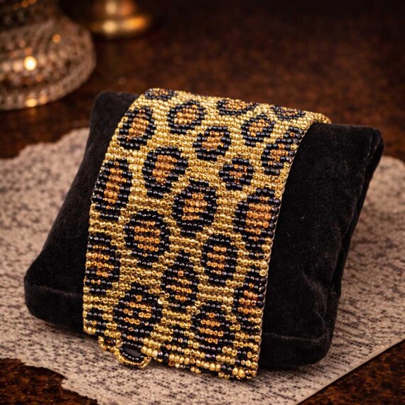 Leopard Pattern Beaded Statement Cuff Bracelet - image 1