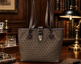 Dooney and Bourke Grey Brown Monogram Jacquard and Leather North South Tote