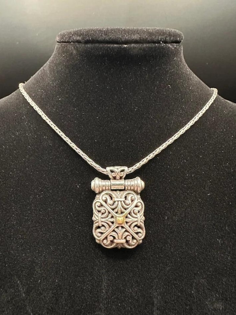 Brighton Silver Tone Foxtail Chain Pendant Necklace Ornate Square Scroll Design Signed 19g