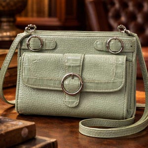 Brighton Mint Green Croc Embossed Leather Mini Organizer Crossbody Bag Y2K Belted