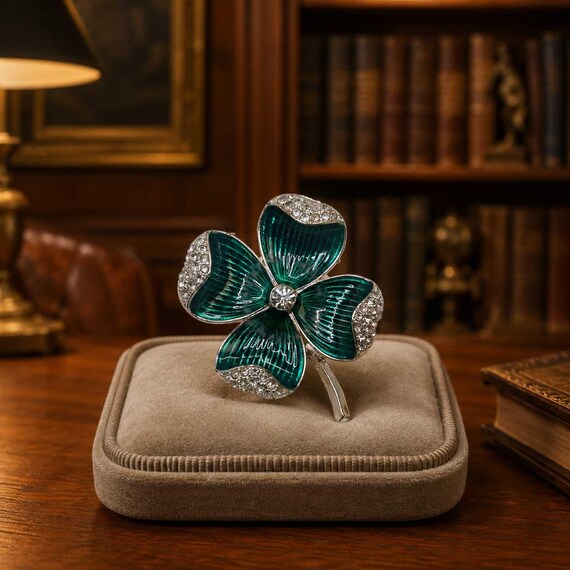Napier Green Enamel Rhinestone Clover Brooch
