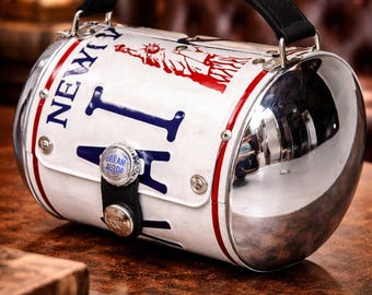 Little Earth New York License Plate Novelty Barrel Handbag with Cream Soda Cap Clasp