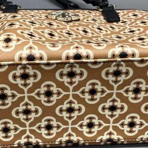 Brighton Brown Patterned Coated Canvas Top Zip Tote Bag with Black Braided Straps