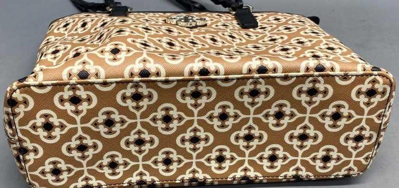 Brighton Brown Patterned Coated Canvas Top Zip Tote Bag with Black Braided Straps
