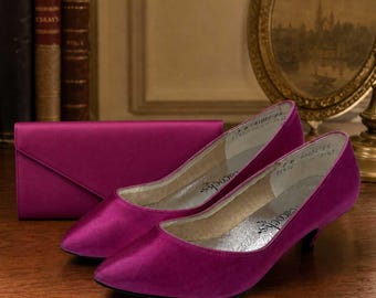 Peacocks Fuchsia Satin Heels & Matching Evening Clutch – Size 7B