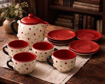 Hand Painted Polka Dot Tea Set: Teapot, Cups, Saucers (9 Piece Set)