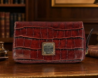 Dooney and Bourke Red Croc Embossed Leather Zip Wallet, Vintage Continental Clutch Wallet