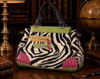 Fun Zebra Print Tote with Pink & Green Croc Trim, Large Statement Shoulder Bag
