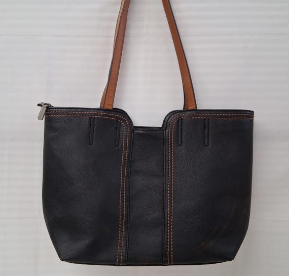 Montana West Black Faux Leather Tote Handbag with Brown Accents View 4
