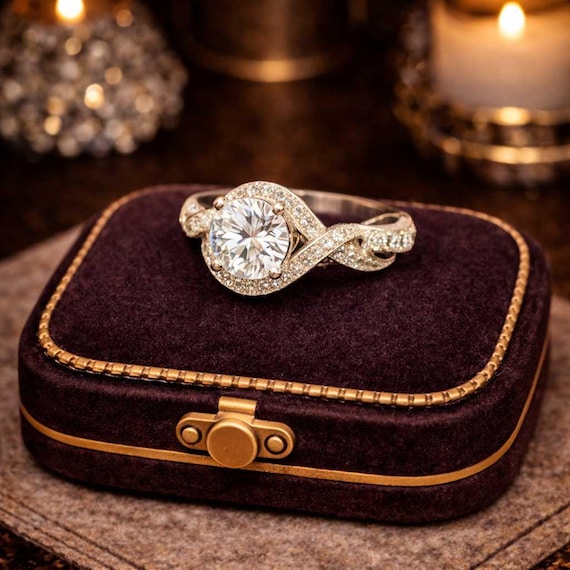 Silver Tone Crystal Solitaire Ring with Twisted P… - image 1