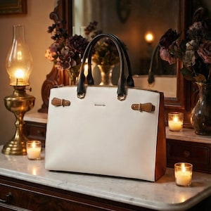 Bostanten Mizuki Classic Briefcase Tote Bag White With Navy Handles Zip Top