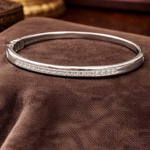 Swarovski Crystal Hinged Bangle Bracelet Silver Tone Pavé Rhinestone Slim Stackable Elegant Minimalist Jewelry