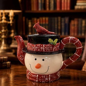 Pacific Rim Handpainted Snowman Teapot with Cardinal Lid | Christmas Winter Ceramic Tea Pot