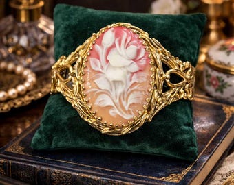 Signed Whiting and Davis Gold Tone Floral Cameo Statement Bracelet Hinged Cuff