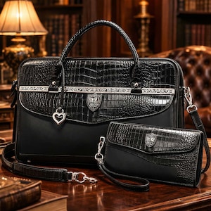 Brighton Black Croc Embossed Leather Briefcase Laptop Bag & Organizer Crossbody Set