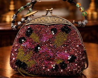 Mary Frances Retired Beaded Kisslock Handbag Floral Evening Bag Embellished Purse