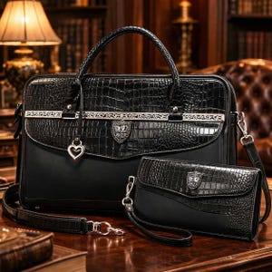 Brighton Black Croc Embossed Leather Briefcase Laptop Bag & Organizer Crossbody Set