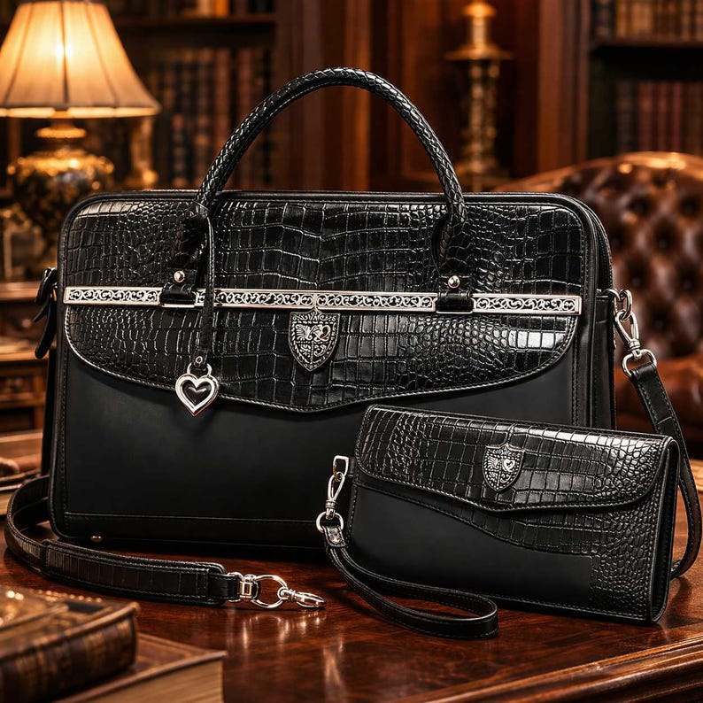 Brighton Black Croc Embossed Leather Briefcase Laptop Bag & Organizer Crossbody Set