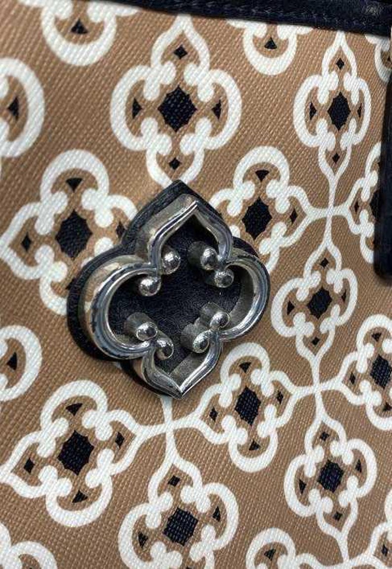 Brighton Brown Patterned Coated Canvas Top Zip Tote Bag with Black Braided Straps