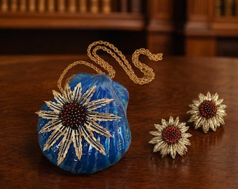 Sarah Coventry Sunburst Flower Brooch Pendant & Clip Earrings Set, Gold Tone Rhinestone Demi Parure