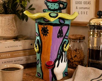 Vintage Hand-Painted Ceramic Cookie Jar – Abstract Face Teacup Lid Pottery Canister