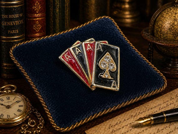 Gold tone enamel playing card brooch with clear rhinestones