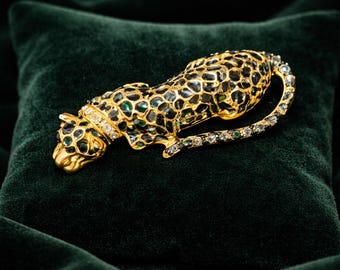 Broche panthère vintage en émail noir avec collier en strass dorés, épingle chat figuratif