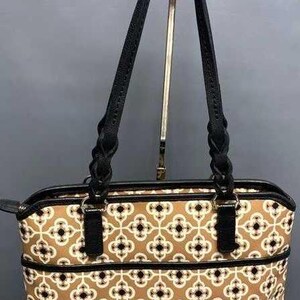 Brighton Brown Patterned Coated Canvas Top Zip Tote Bag with Black Braided Straps