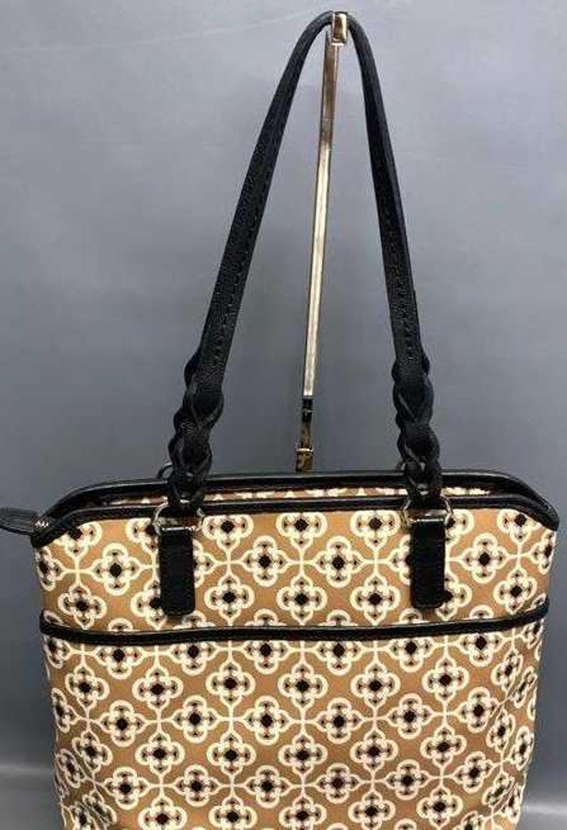 Brighton Brown Patterned Coated Canvas Top Zip Tote Bag with Black Braided Straps