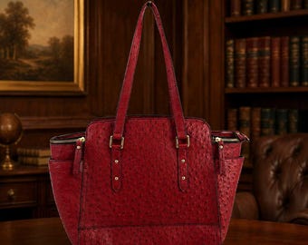 London Fog Red Faux Ostrich Tote Bag, Structured Shoulder Purse with Gold Tone Hardware
