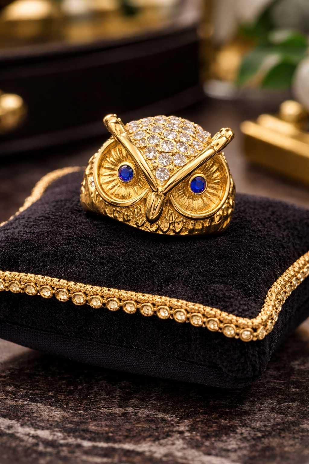 Gold Tone Owl Statement Ring with Blue Rhinestone Eyes, Crystal Accents (Size 8)