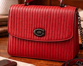Coach Quilted Rivets Parker Top Handle Bag Red Leather | Studded Satchel Crossbody Purse