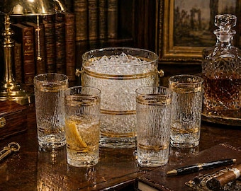 Vintage Culver 22K Gold Textured Highball Glasses & Ice Bucket Set – Mid Century Barware