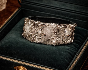 Vintage Victorian Revival Cuff in Repousse Silver Tone Hinged Bangle Bracelet,
