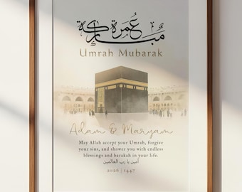 Lámina personalizada de Umrah Mubarak / Regalo islámico personalizado / Recuerdo imprimible para pared de la Kaaba / Decoración musulmana para el hogar / Descarga digital