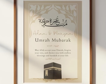 Lámina personalizada de Umrah Mubarak con arco beige / Regalo islámico personalizado / Recuerdo imprimible para pared de la Kaaba / Decoración musulmana para el hogar / Descarga digital