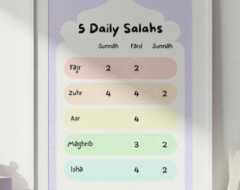 5 Arte diario de la pared de Salahs / Cartel de oración islámica para niños / Impresión de la guía Salah Rakat / Decoración de la guardería musulmana / Fajr Zuhr Asr Maghrib Isha Chart