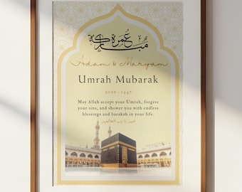 Impresión personalizada de Umrah Mubarak con arco dorado / Regalo islámico personalizado / Recuerdo imprimible para pared de la Kaaba / Decoración musulmana para el hogar / Descarga digital