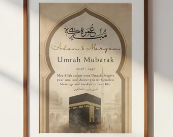 Arco de Umrah Mubarak personalizado para imprimir / Regalo islámico personalizado / Arte mural de la Kaaba / Decoración con caligrafía árabe / Descarga digital para el hogar musulmán