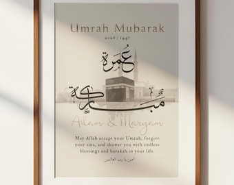 Lámina neutra personalizada de Umrah Mubarak / Regalo islámico personalizado / Recuerdo de la Kaaba para la pared / Decoración minimalista musulmana para el hogar / Descarga digital