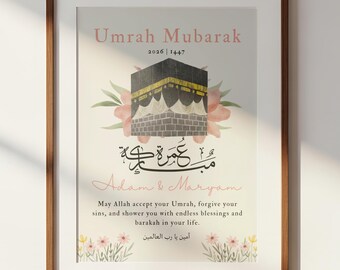 Lámina personalizada de Umrah Mubarak / Regalo islámico personalizado / Arte mural musulmán / Lámina para imprimir para familias y parejas / Diseño floral de la Kaaba / Descarga digital