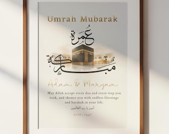 Lámina personalizada de Umrah Mubarak en oro / Regalo islámico personalizado / Recuerdo imprimible para pared de la Kaaba / Decoración musulmana para el hogar / Descarga digital