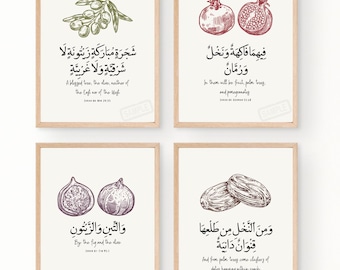 Juego de 4 láminas decorativas de frutas de la Sunnah / Láminas islámicas para la cocina / Paquete de pósteres de frutas del Corán / Decoración de aceitunas, higos, dátiles y granadas / Estilo minimalista para el hogar musulmán