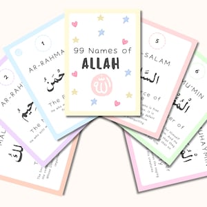 Cartes mémoire imprimables des 99 Noms d'Allah | Al Asmaul Ul Husna | Apprentissage pour enfants musulmans | Éducation islamique arabe pour enfants | Coran | Cadeau