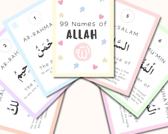 Tarjetas didácticas imprimibles con los 99 nombres de Alá / Tarjetas Al Asmaul Ul Husna / Aprendizaje para niños musulmanes / Educación islámica árabe para niños / Corán / Regalo