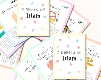 Tarjetas didácticas de los 5 pilares del Islam / Tarjetas de las 7 creencias del Islam / Material didáctico islámico para niños (imprimible) / Recurso educativo musulmán / Descarga digital