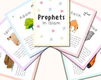 Tarjetas didácticas imprimibles sobre los profetas del Islam / Tarjetas de aprendizaje islámico para niños / Recurso educativo musulmán / 25 historias de profetas coránicos para niños