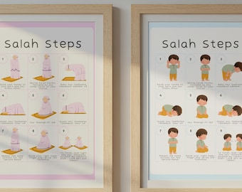 Guía paso a paso de Salah para niños / Póster de oración para niños y niñas / Aprendizaje del Namaz islámico / Recurso educativo para niños musulmanes / Decoración de pared